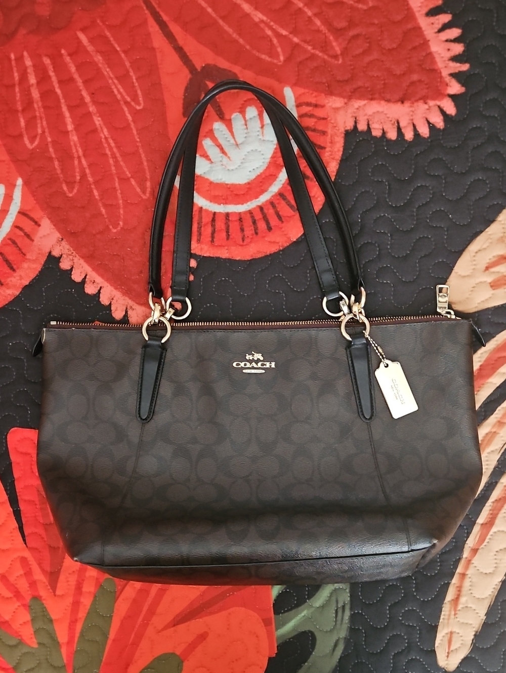 Coach Dark Brown Signature Tote with Black Handles